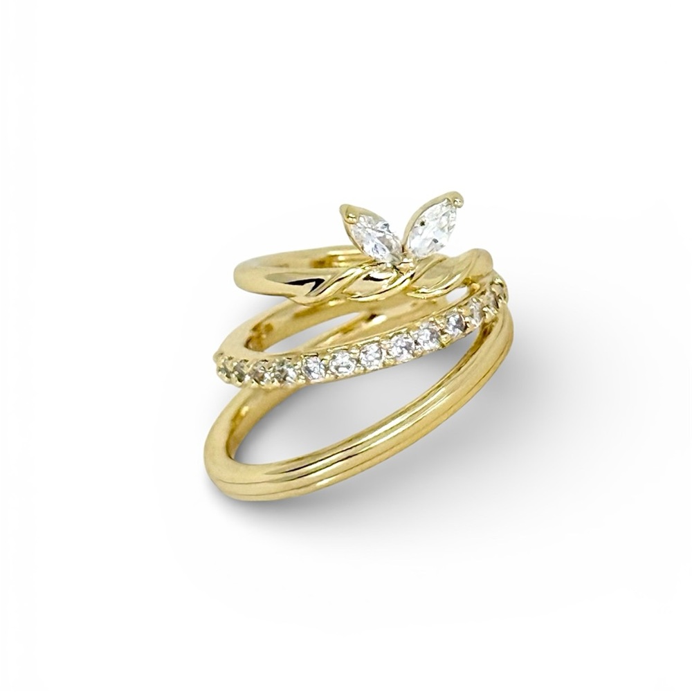 14K Gold Plated Ivy Leaf Ear Cuff | CZ Triple Band Clip-On Ear Cuff Earring